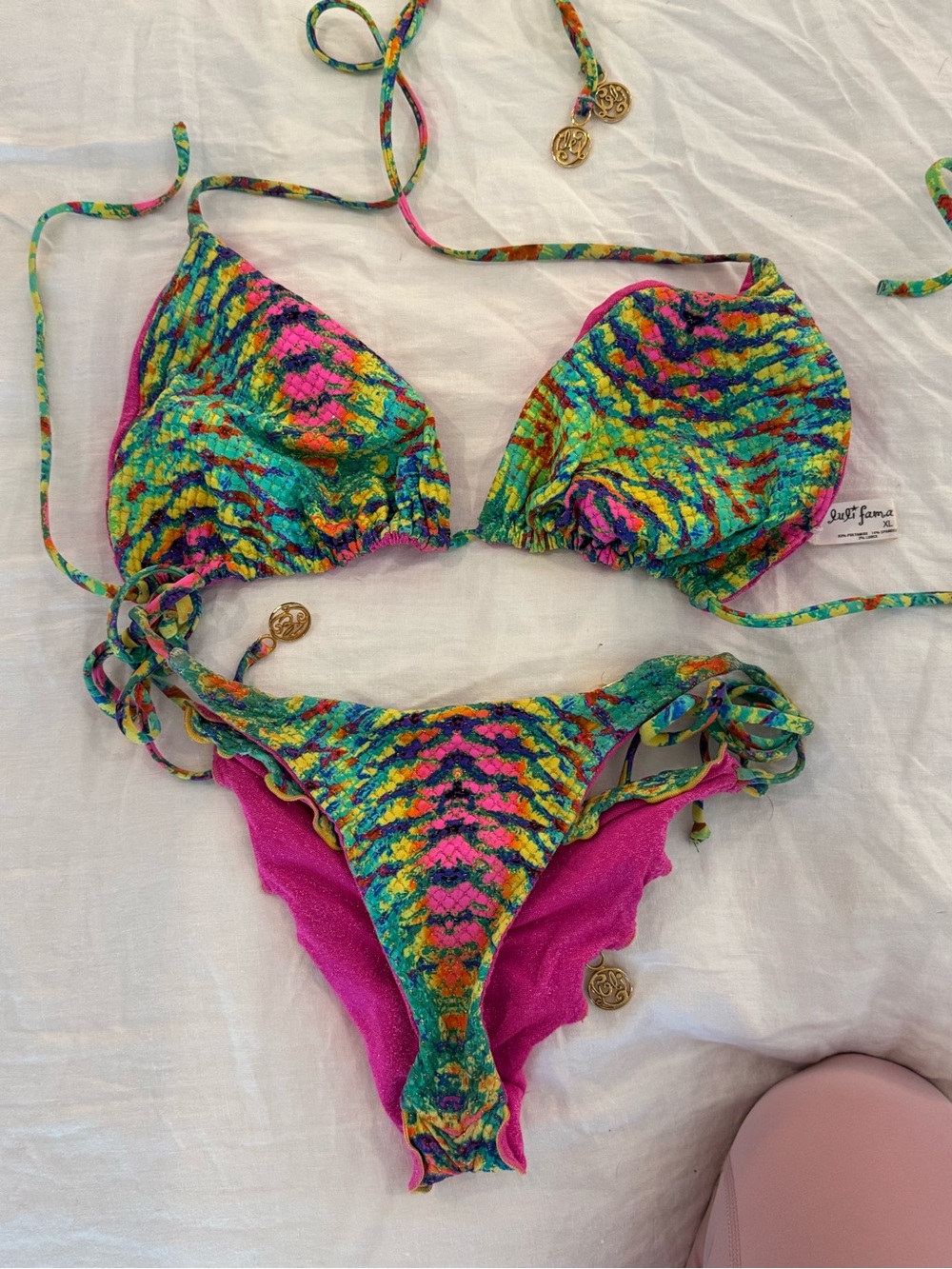 Luli Fama Multicolor Tropical Print & Pink Tie Bikini